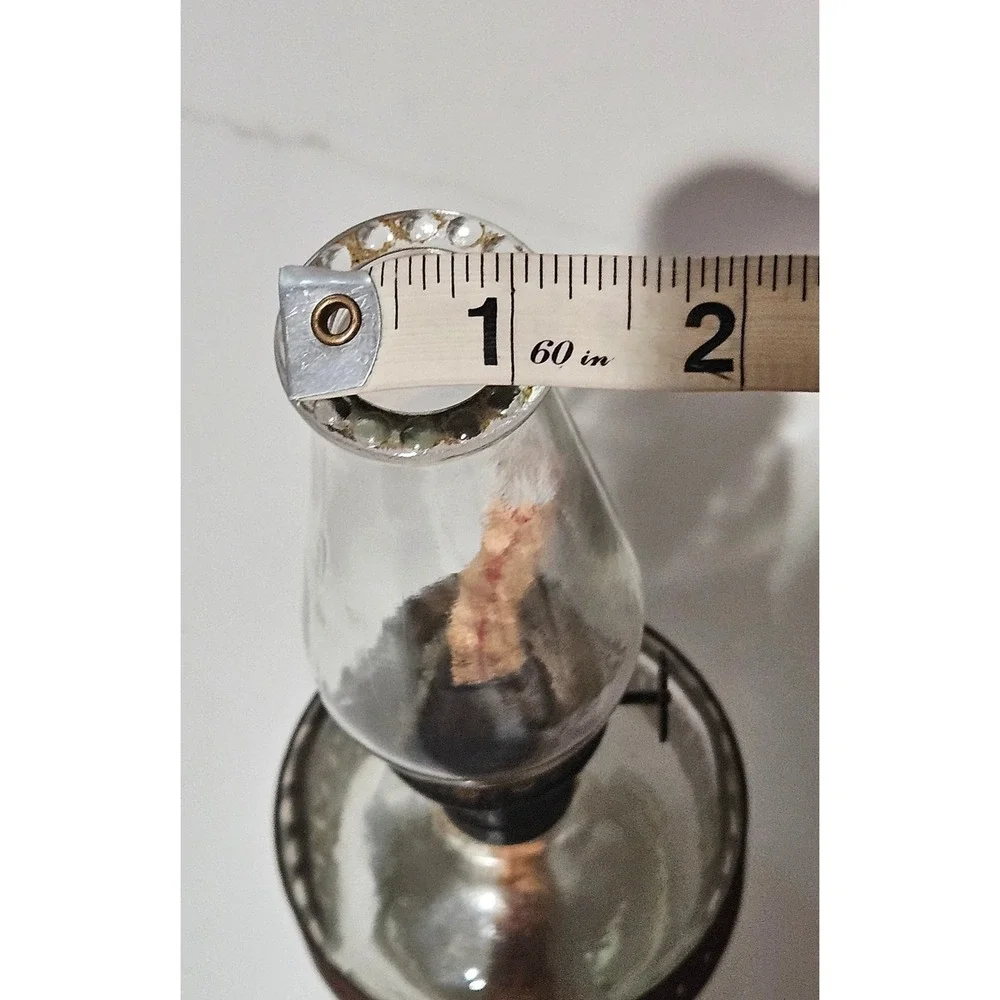 Vintage Miniature Glass Oil Lamp with Rusted Metal Filigree Band and Chimney